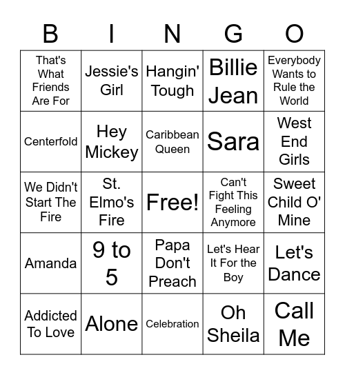 #1 Hits of the 80s Bingo Card