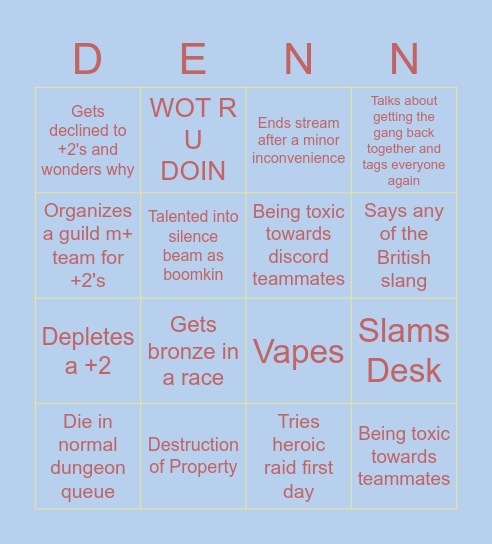 Denntonn Bingo Card