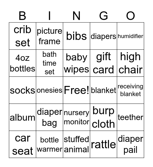 Karrington's Shower Bingo Card