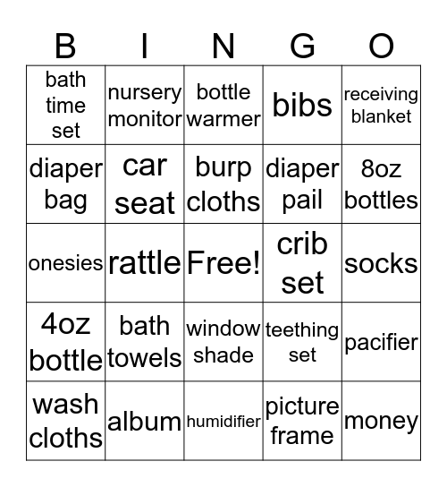 Karrington's Shower Bingo Card