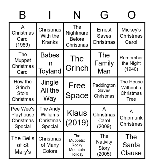 Christmas Movie Bingo Card