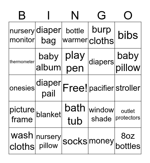 Karrington's Shower Bingo Card