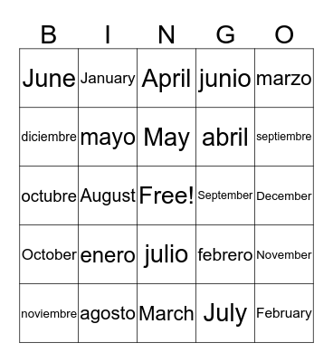 Months of the Year Bingo Card