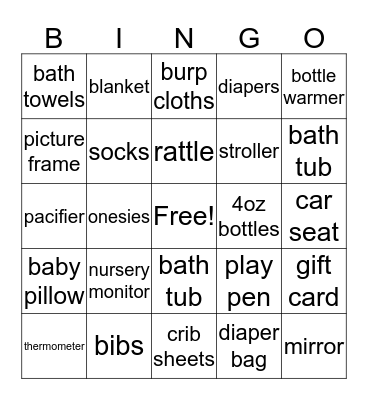 Karrington's Shower Bingo Card