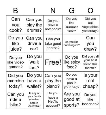 Conversation Bingo Card