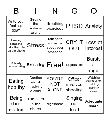 Mental Health Bingo Card