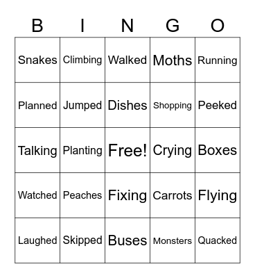 Word Endings Bingo Card