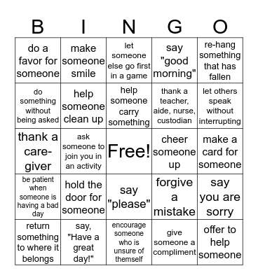 Acts of Kindness Bingo Card