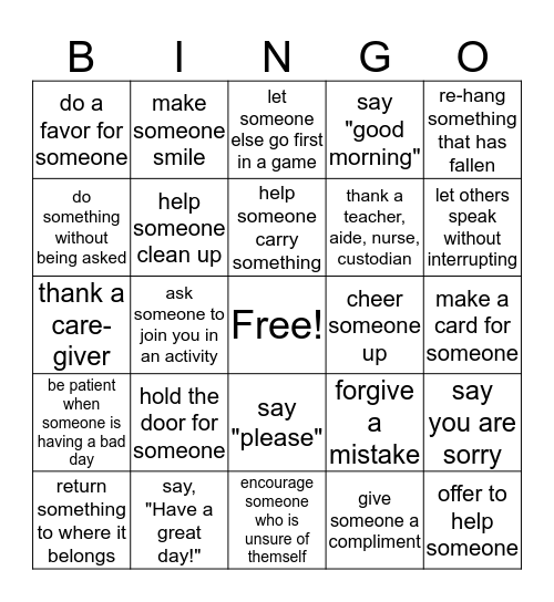 Acts of Kindness Bingo Card