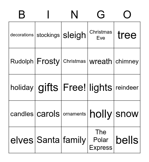 Christmas Words Bingo Card