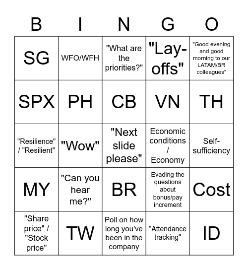 Town Hall Bingo Card