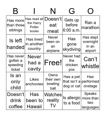 Get to Know You Bingo Card