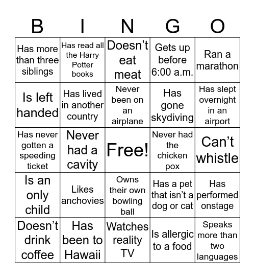 Get to Know You Bingo Card