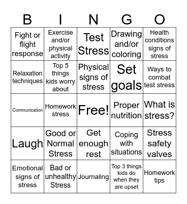 Stress Management Biingo Bingo Card