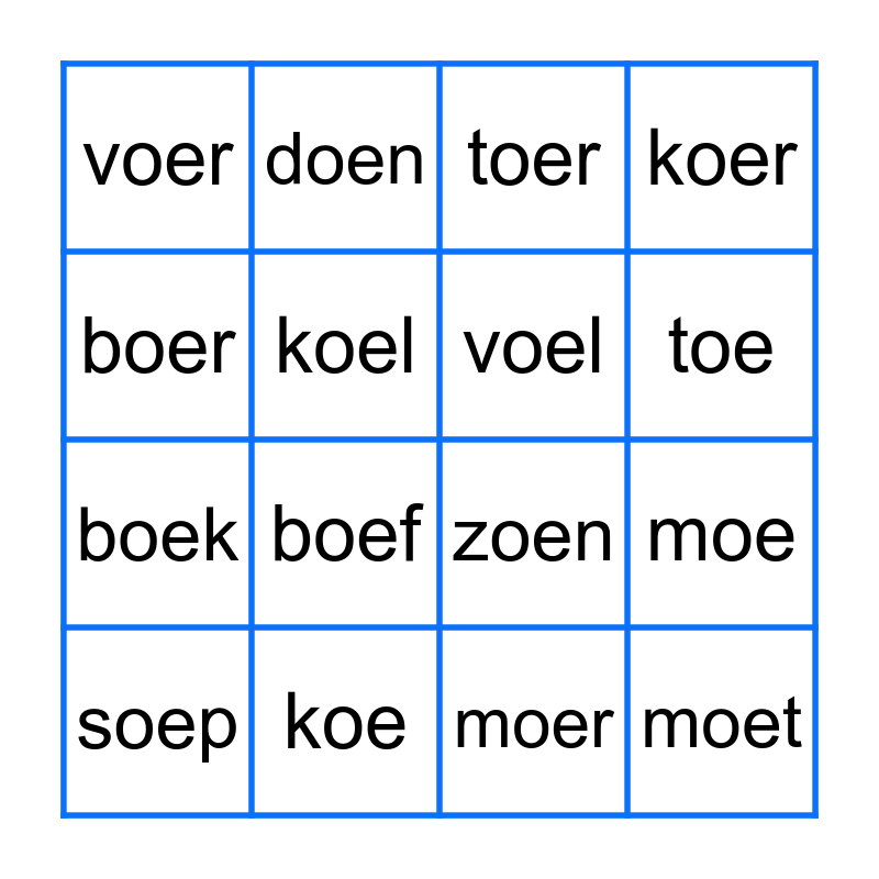 woorden met oe Bingo Card