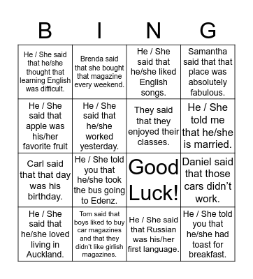 Reported Speech Bingo Card