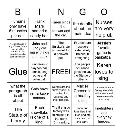 Main Idea Bingo Card