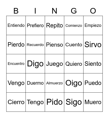 Stem Changing Verbs Bingo Card