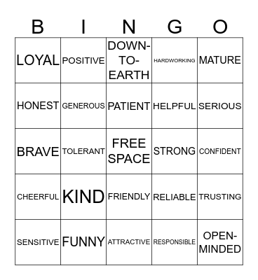 Positive Traits Bingo Card