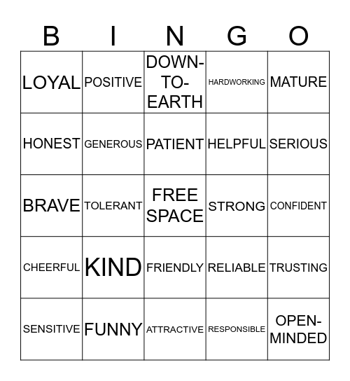 Positive Traits Bingo Card