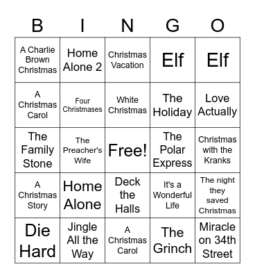 Holiday Movies Bingo Card