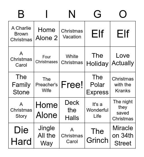 Holiday Movies Bingo Card