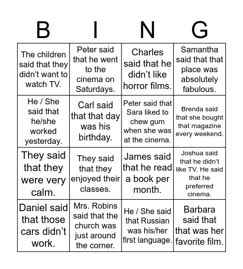 Reported Speech Bingo Card