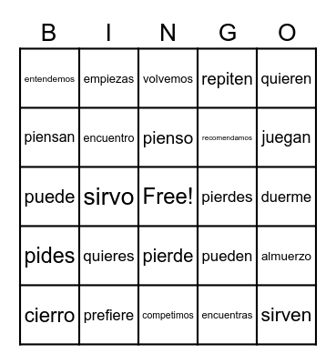 Stem Changing Verbs Bingo Card