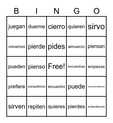 Stem Changing Verbs Bingo Card