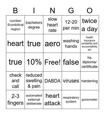 Health Science Bingo Card