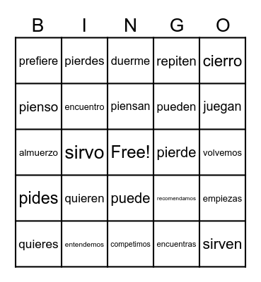 Stem Changing Verbs Bingo Card