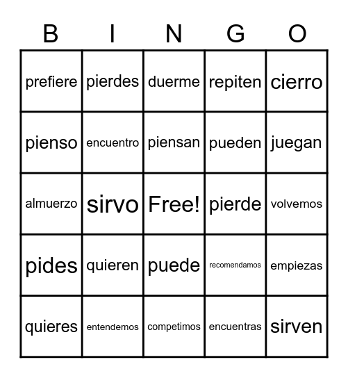Stem Changing Verbs Bingo Card