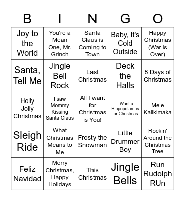 Holiday Songs Bingo Card