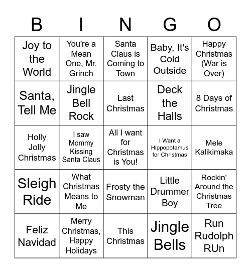 Holiday Songs Bingo Card