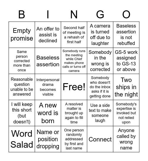 Weekly Staff Meeting Bingo Card