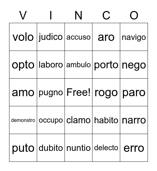 First Form VINCO - 1C VERBS Bingo Card