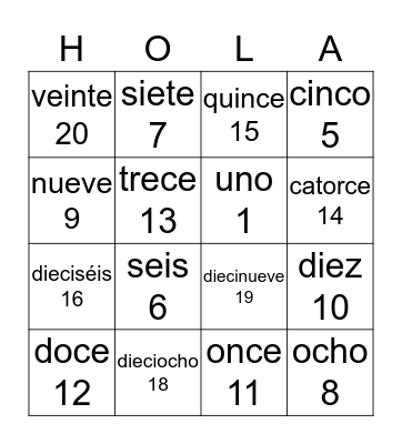 Los Números Bingo Card