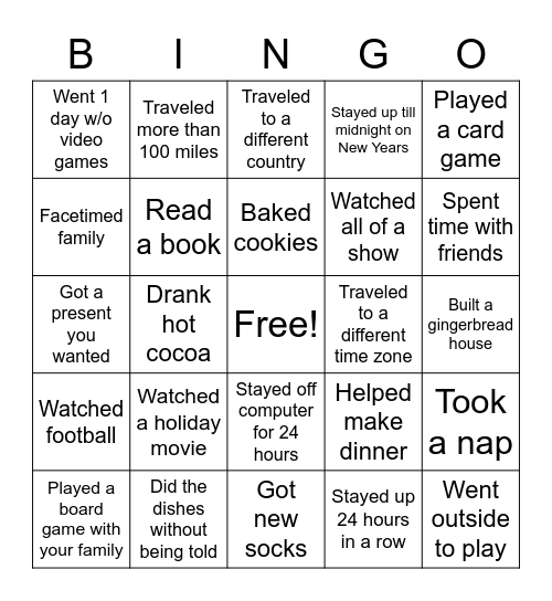 Winter Break Bingo Card