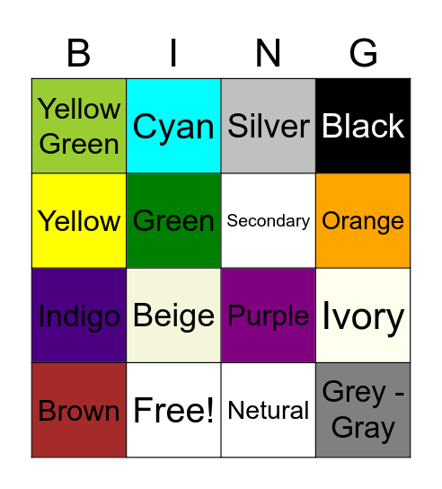 Jello Primary, Secondary, & Tertiary Bingo Card