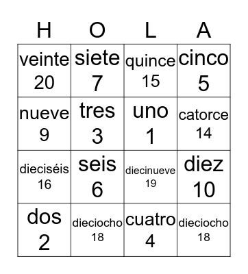 Los Números Bingo Card