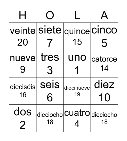 Los Números Bingo Card