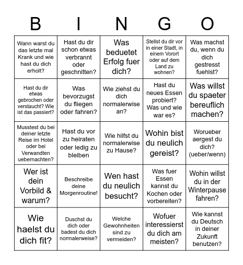 Praktische Konversationsthemen Bingo Card