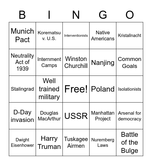World War II Bingo Card