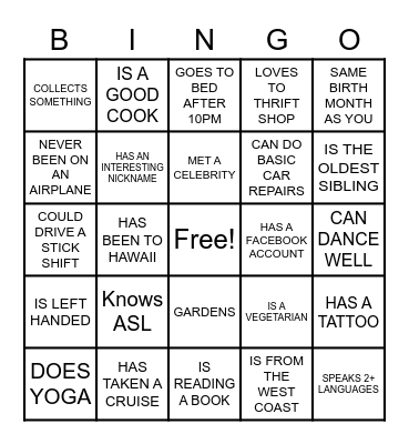 GET TO KNOW SOMEONE BINGO Card