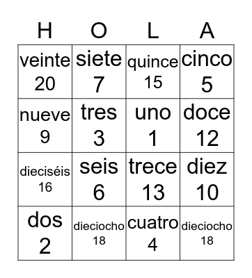 Los Números Bingo Card