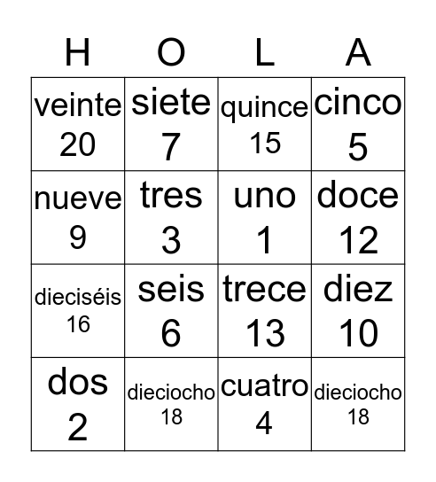 Los Números Bingo Card