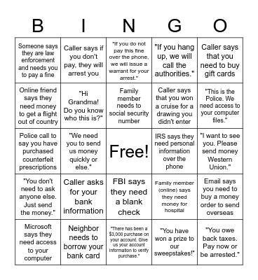 Avoid Scammers Bingo Card