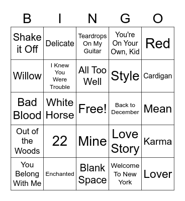 TAYLOR SWIFT Bingo Card
