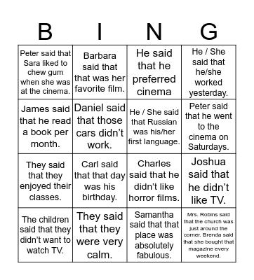Reported Speech Bingo Card