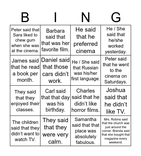 Reported Speech Bingo Card